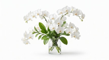 White orchid flowers in glass vase, elegant phalaenopsis floral arrangement, blooming orchid plant on white background © muhammad