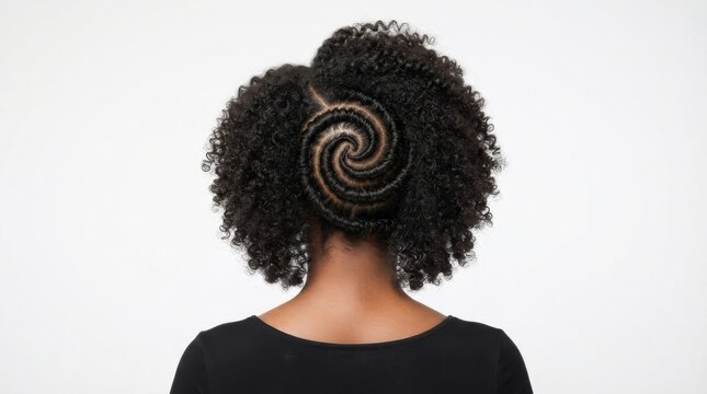 Back view of woman with spiral braided hairstyle showing intricate circular hair pattern, hairstyle