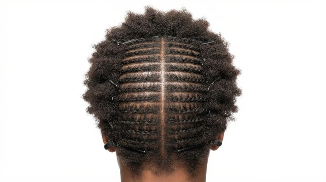 Detailed back view of a woman head with micro-braided natural dark hair hairstyle coiffure