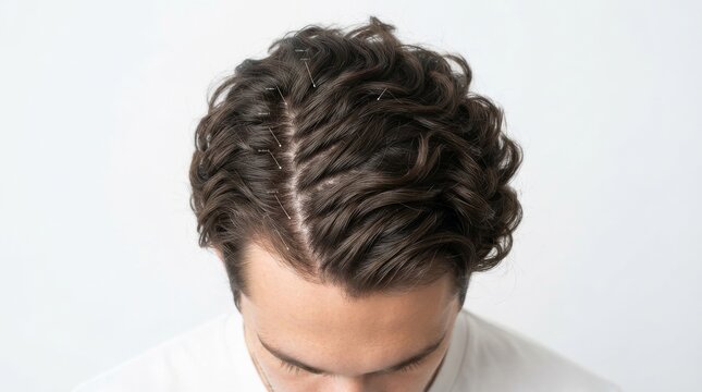 Top view of male model with dark curly hair and styled gel texture grooming brunette handsome