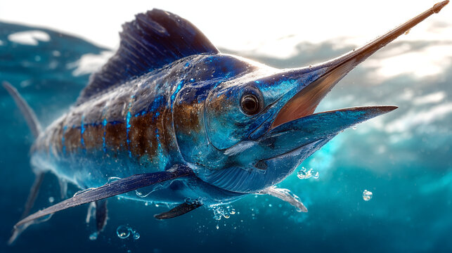 Sailfish swimming near the ocean surface in deep blue sea with underwater photography