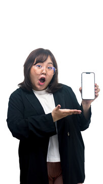 Smiling Asian Business Woman Holding Smartphone with Blank Screen and Pointing to Mobile Technology Concept