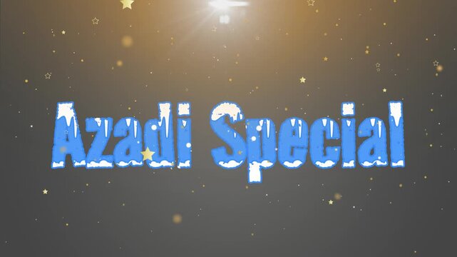 Azadi Special text appears in bold blue letters topped with white snow effects against a dark gradient background with floating golden star particles to celebrate winter holiday promotions.