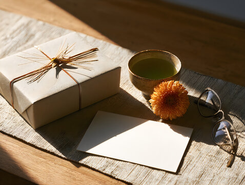 Wrapped gift box with a cup of tea and a blank greeting card on a wooden table in sunlight