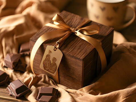 Wrapped gift box with a ribbon and a tag sitting on a wooden table in warm golden light