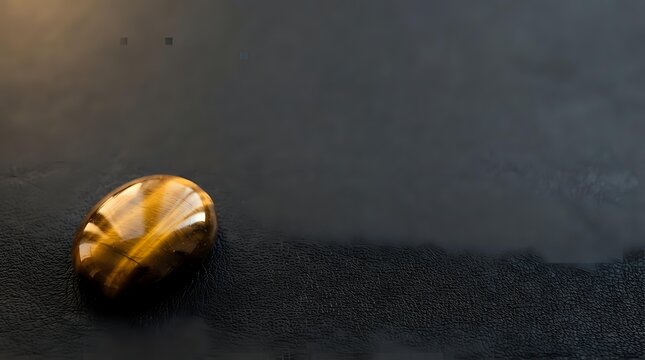 Polished tiger eye stone cabochon on dark textured surface, showcasing golden brown striped mineral patterns and reflective luster for jewelry design and gemstone collections.