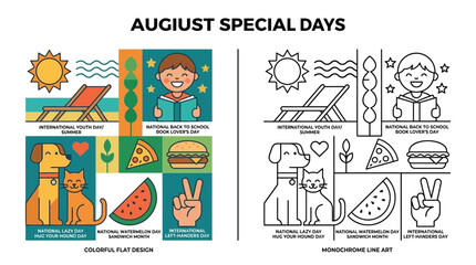 Fototapeta premium August Special Days: Colorful Flat Design vs. Monochrome Line Art Comparison