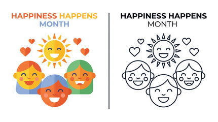 Fototapeta premium Happiness Happens Month: Diverse Friends Smiling with Sun & Hearts, Flat Icon