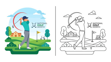 Fototapeta premium Golfer Swinging Club on Course, National Golf Month Illustration