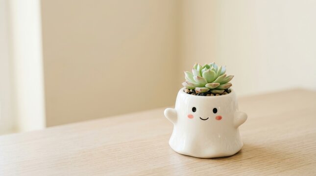 Cute flowerpot in white with beige background 