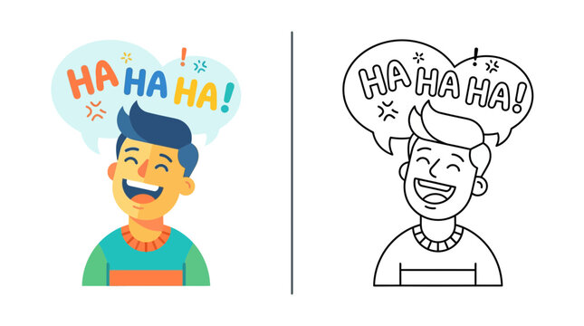 Man Laughing Joyfully with "HA HA HA" Speech Bubbles, Color and Outline Versions