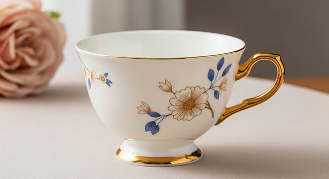 elegant white ceramic teacup with floral design and gold trim 