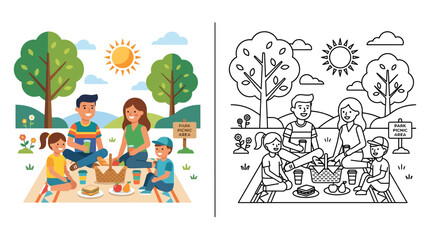 Fototapeta premium Happy Family Picnic Scene Illustration Vector, Outdoor Recreation