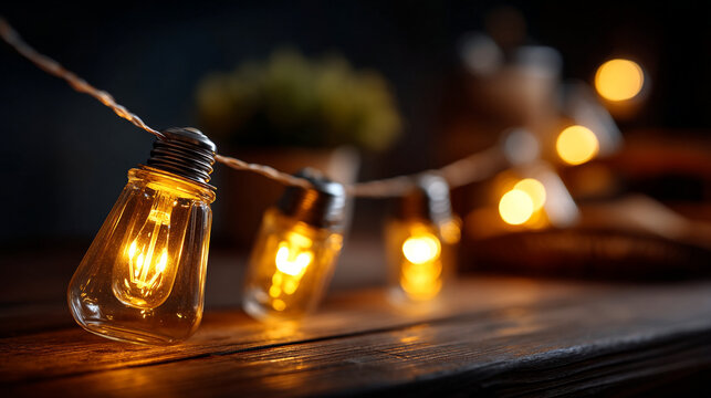 Close-up of glass jar string lights glowing on a rustic wooden table surface