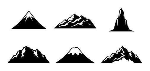 70 Mountain Icons Collection, Diverse Peaks and Summit Silhouettes, Vector Graphics for Nature and Adventure Themes 100 © Anika876