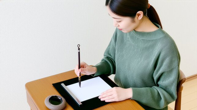 机に向かい書道をする若い女性 筆を下ろす書き始めの瞬間