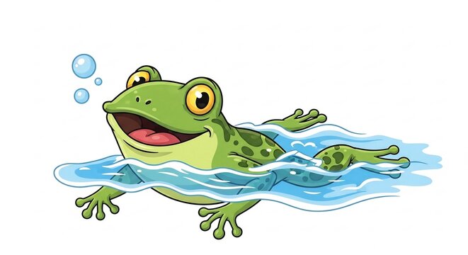 Joyful Frog Swimming: A cartoon frog with a wide smile swims happily in clear blue water, with bubbles rising around it, embodying pure delight and carefree fun.
