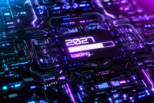 AI generated futuristic 2027 loading interface glowing digital circuit board representing technology progress computing innovation system upgrade digital transformation