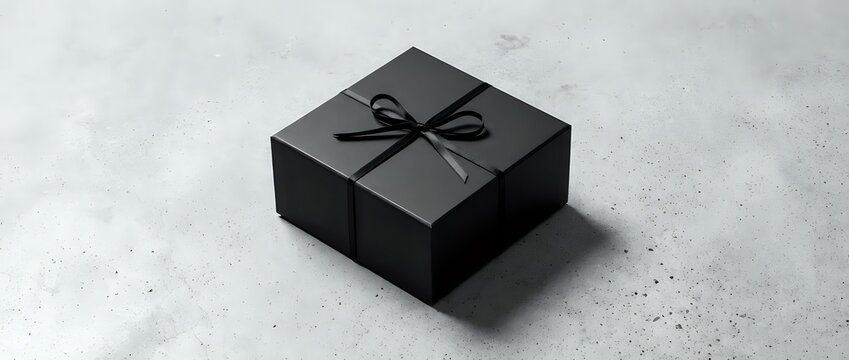 Black gift box with ribbon bow on concrete surface for holiday shopping and present concepts.