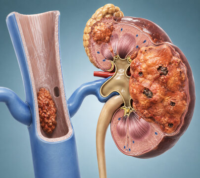 AI generated medical illustration of kidney tumor showing renal cancer growth necrotic tissue blood vessel involvement kidney structure urinary anatomy