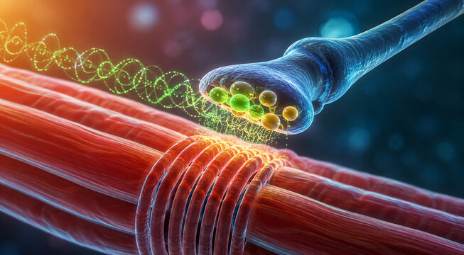 AI generated medical illustration of neuromuscular junction showing nerve terminal vesicles neurotransmitter signaling muscle fibers cellular communication