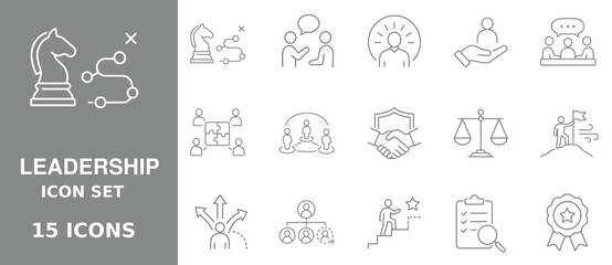 Fototapeta premium Fifteen thin line leadership showcasing chess strategy, team communication, mentorship, meetings, puzzle, handshake, and career advancement