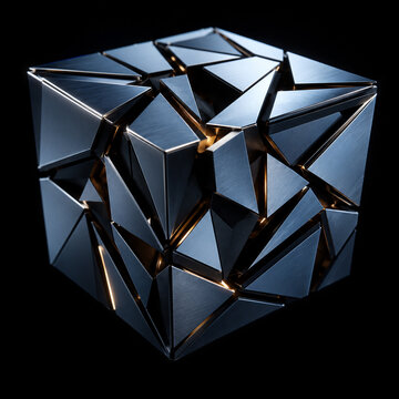 AI generated fractured metallic cube geometric triangular panels dark steel surfaces glowing amber seams futuristic abstract design for technology innovation digital concepts