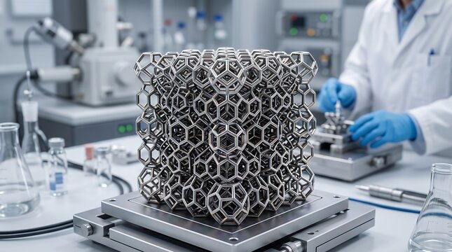 Nanotechnology Materials Research - Scientist studying an advanced nanostructured material in a modern laboratory, representing nanotechnology, materials science, and molecular engineering.