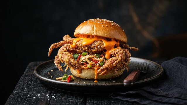 Fried soft-shell crab burger with spicy sauce on dark plate and charred wood background