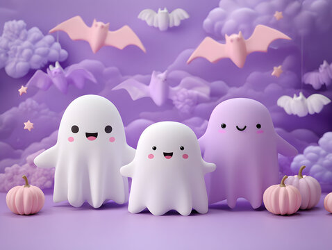 Adorable group of friendly Halloween ghosts with pumpkins against a dreamy purple sky, creating a playful and kid friendly seasonal illustration.