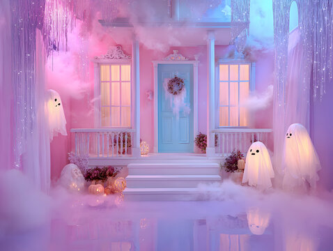 Cute pastel Halloween cottage with glowing windows, pumpkins, and friendly ghosts surrounded by soft pink and purple evening colors.
