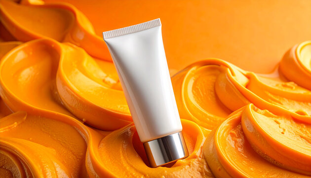 Vibrant orange-hued creamy texture background gracefully cradling a pristine white cosmetic tube, perfect for showcasing beauty, skincare, and health product promotions with a luxurious and natural ae