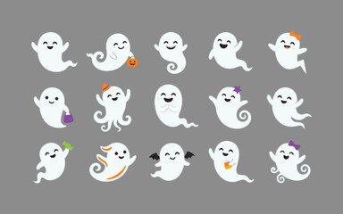 Fototapeta premium Collection of adorable cartoon ghosts with various expressions and playful halloween accessories