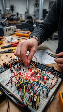Electronic engineer hands prototyping circuit on breadboard in technical laboratory workshop with red LED lights