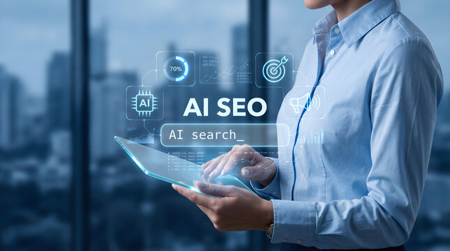 Businesswoman using futuristic digital tablet for AI search engine optimization marketing strategies to improve website ranking in corporate office