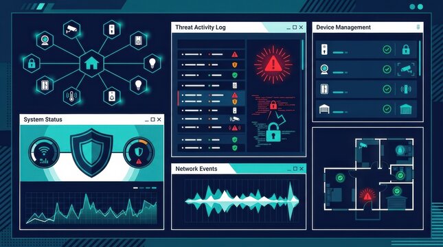 Connected devices display alerts and logs for monitoring home security and possible hacking threats during daily activities