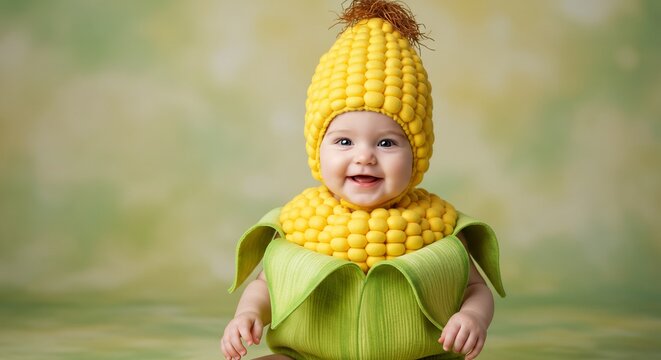 Adorable Baby in Corn Costume: A cheerful baby, adorned in a cute corn costume complete with a cob hat and husk details, beams with joy against a soft, blurred background.