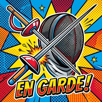  poster of a fencing foil crossing a stylized mask. Typography: "En Garde!"
