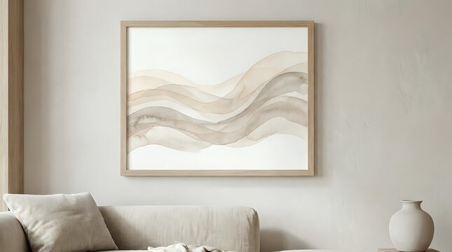 Beige abstract wavy lines flowing across neutral background, modern minimalist wall art for contemporary home decor and interior design spaces.