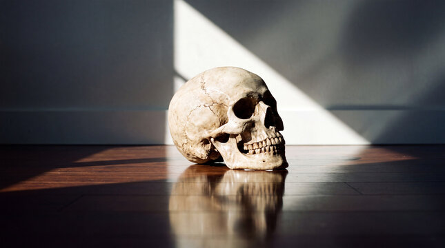 Human skull resting on polished wooden floor under dramatic sunlight