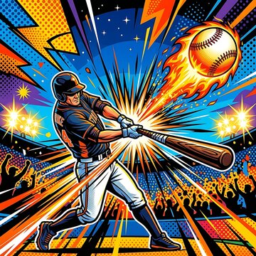  poster of a baseball bat hitting a flaming baseball with stylized motion lines. Typography: "Home Run!"