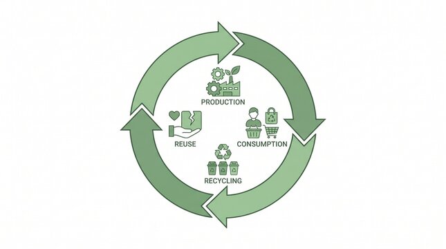 Circular Economy Concept with Production, Consumption, Reuse, and Recycling