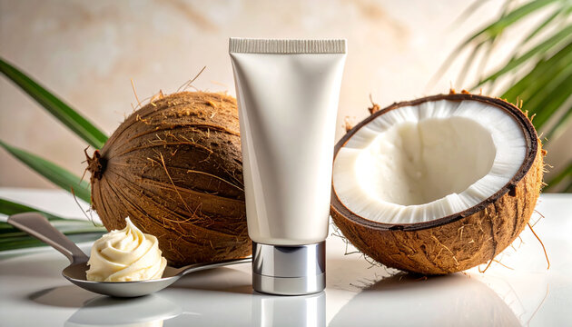 Blank cosmetic tube mockup next to fresh coconuts and cream