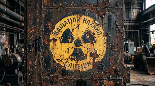 Weathered Radiation Hazard Sign on Rusty Metal in Abandoned Factory