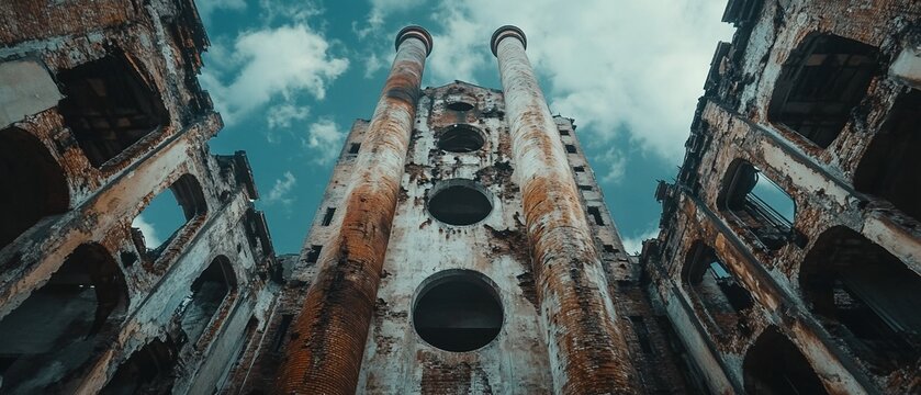 Ruins of factory rise to blue sky, showcasing urban decay and abandonment