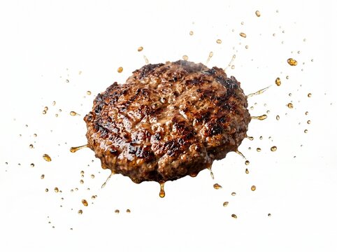Freshly grilled beef burger patty with delicious meat juice droplets splashing around