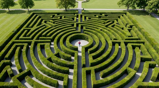 Aerial view of a person standing in the center of a green hedge maze