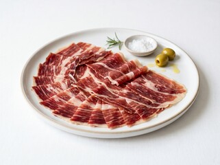 Fototapeta premium Thinly sliced cured jamon iberico ham served on a ceramic plate with olives and sea salt