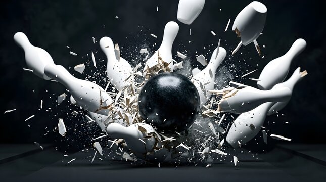 Bowling ball striking and shattering white pins in a high speed impact