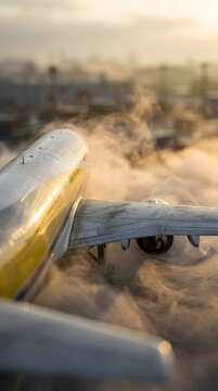 Jet airplane wing engine smoke vapor airport runway aviation travel, Jet airplane wing and engine with smoke vapor airport runway during sunrise, warm light and blurred background, industrial